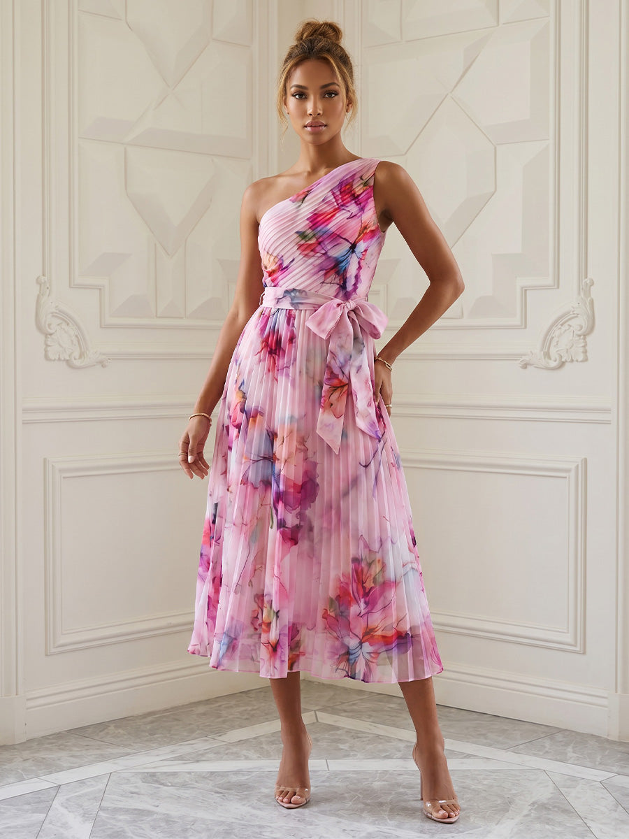 Floral Print A-Line/Princess One Shoulder Tea-Length Cocktail Dresses with Pleats & Belt