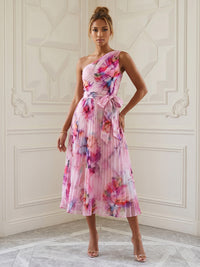 Floral Print A-Line/Princess One Shoulder Tea-Length Cocktail Dresses with Pleats & Belt