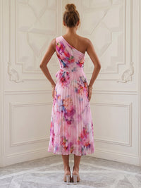 Floral Print A-Line/Princess One Shoulder Tea-Length Cocktail Dresses with Pleats & Belt