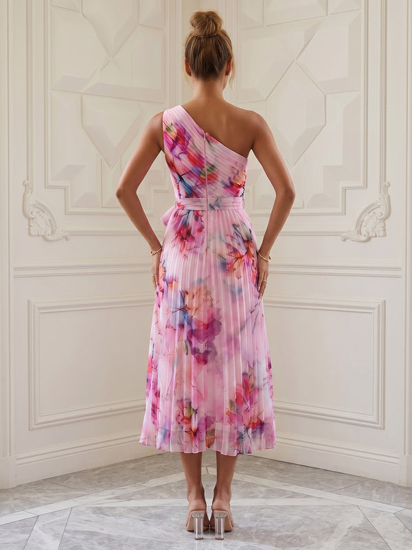 Floral Print A-Line/Princess One Shoulder Tea-Length Cocktail Dresses with Pleats & Belt