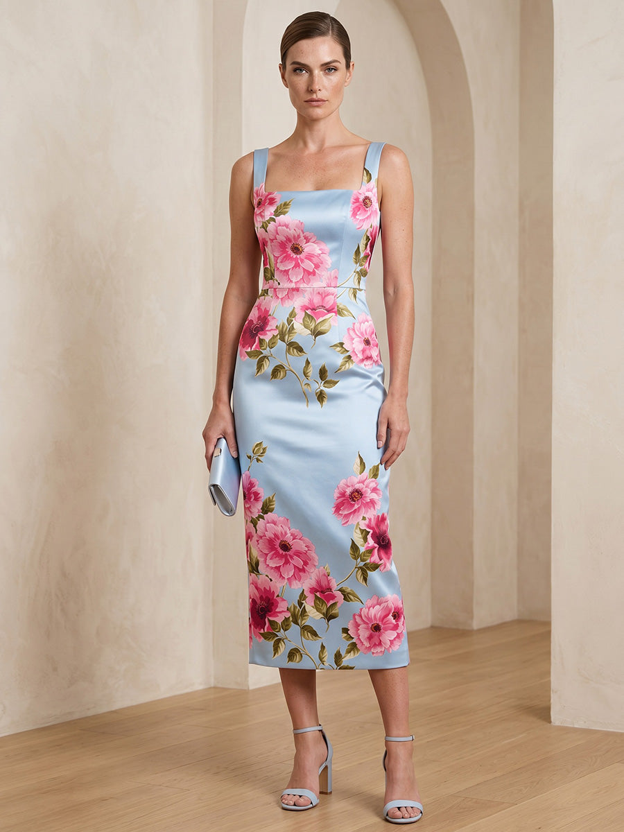 Floral Print Sheath/Column Square Neck Tea-Length Cocktail Dresses for Women