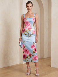 Floral Print Sheath/Column Square Neck Tea-Length Cocktail Dresses for Women