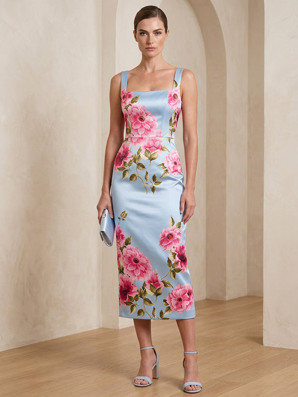 Floral Print Sheath/Column Square Neck Tea-Length Cocktail Dresses for Women