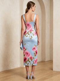 Floral Print Sheath/Column Square Neck Tea-Length Cocktail Dresses for Women