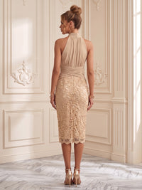 Lace Sheath/Column High Neck Tea-Length Cocktail Dresses with Ruched Chiffon Bodice