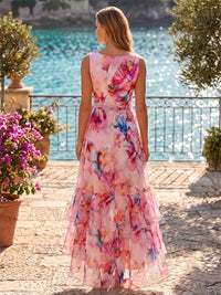 Floral Print A-Line/Princess Scoop Neck High-Low Cocktail Dresses with Tiered Layers & Ruffles