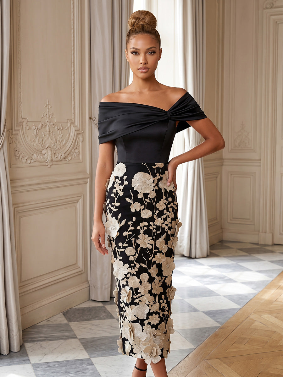 Satin Sheath/Column Off Shoulder Tea-Length Cocktail Dresses with 3D Flowers