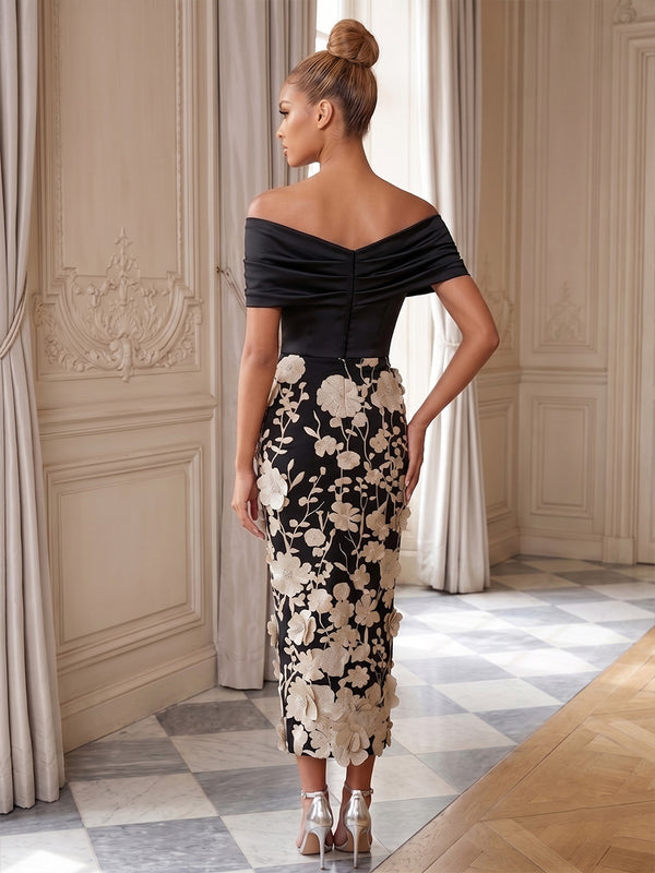 Satin Sheath/Column Off Shoulder Tea-Length Cocktail Dresses with 3D Flowers