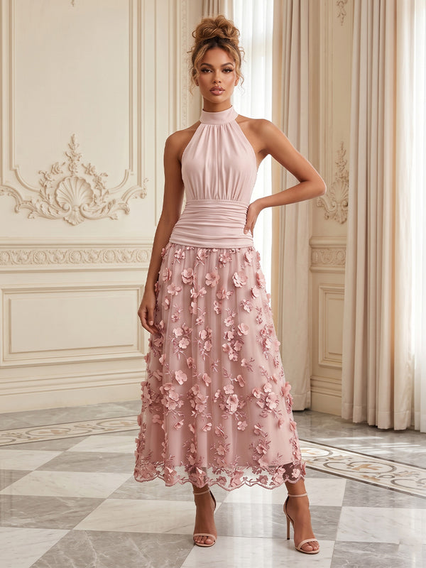 Lace A-Line/Princess High Neck Tea-Length Cocktail Dresses with 3D Flowers