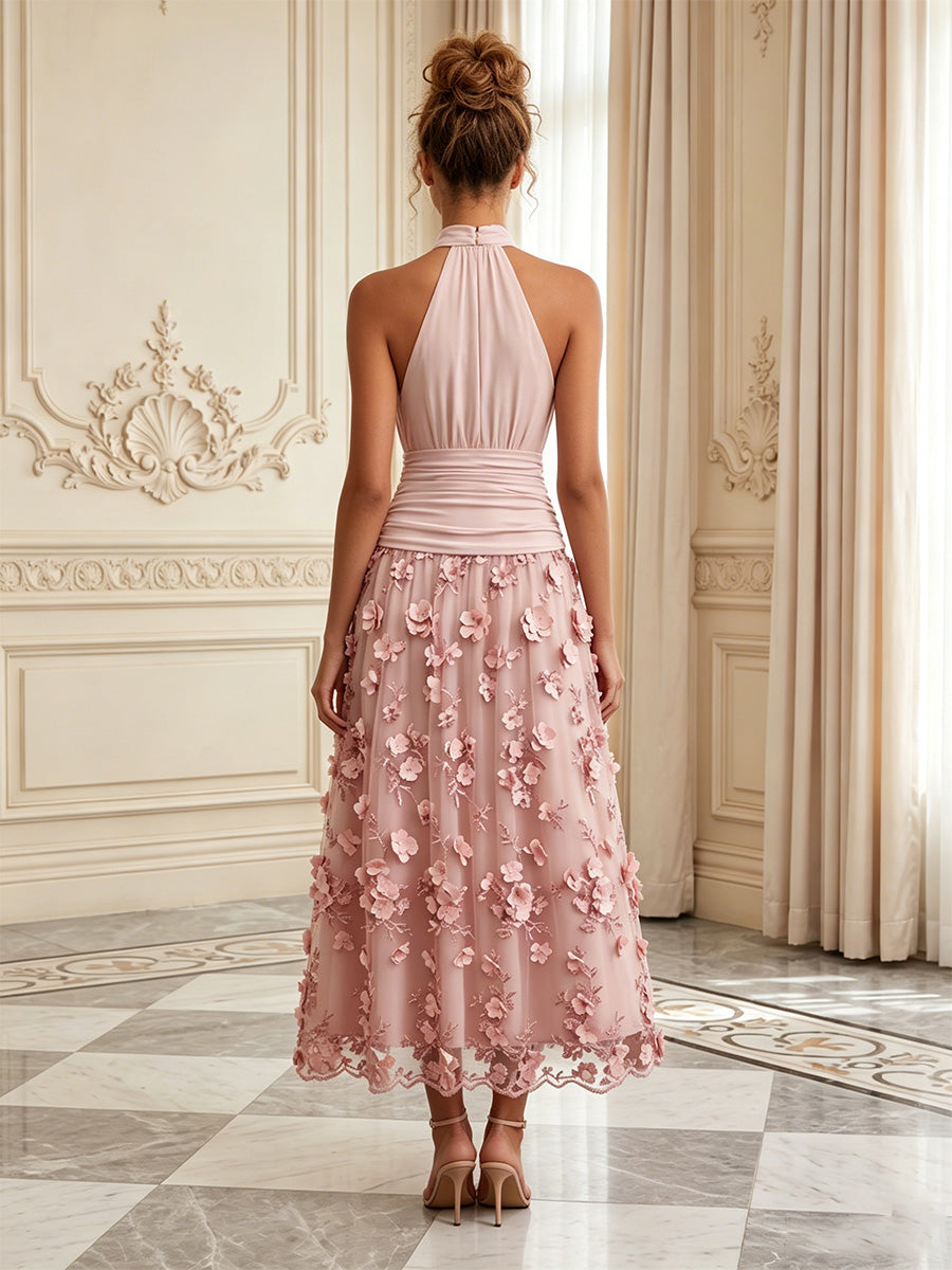 Lace A-Line/Princess High Neck Tea-Length Cocktail Dresses with 3D Flowers