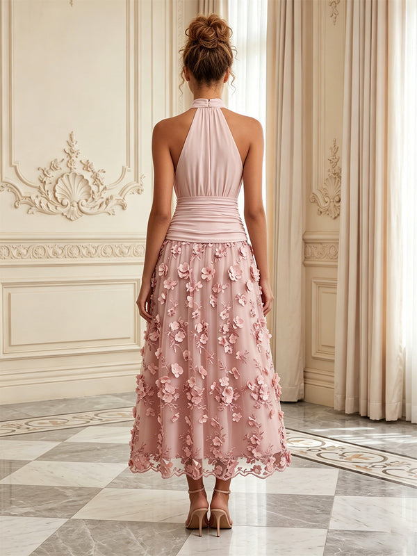 Lace A-Line/Princess High Neck Tea-Length Cocktail Dresses with 3D Flowers