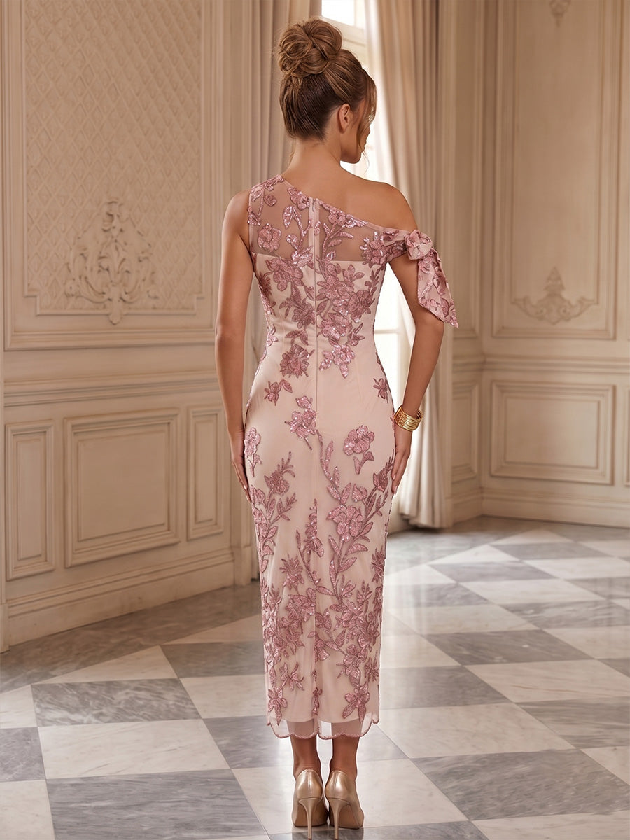 Sequin Floral Sheath/Column Off Shoulder Tea-Length Cocktail Dresses for Women