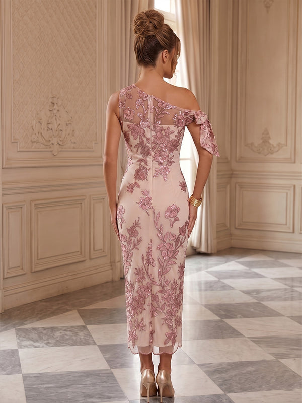 Sequin Floral Sheath/Column Off Shoulder Tea-Length Cocktail Dresses for Women