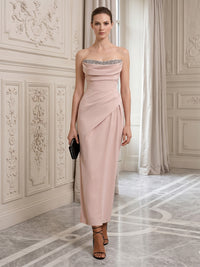 Stretch Jersey Sheath/Column Strapless Floor-Length Cocktail Dresses with Ruched Bodice