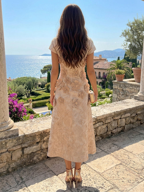 Jacquard A-Line/Princess Scoop Neck Tea-Length Cocktail Dresses with 3D Flowers