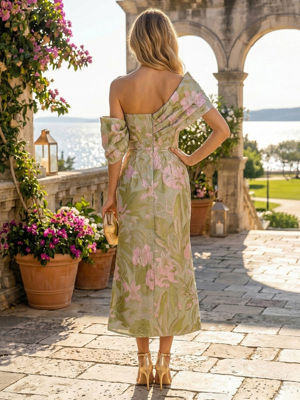 Jacquard Sheath/Column Off Shoulder Tea-Length Cocktail Dresses with Ruched Waist