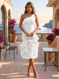 Stretch Jersey Mermaid/Trumpet One Shoulder Tea-Length Cocktail Dresses with Tiered Layers