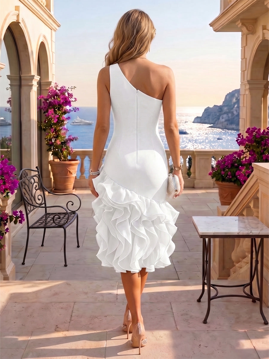Stretch Jersey Mermaid/Trumpet One Shoulder Tea-Length Cocktail Dresses with Tiered Layers