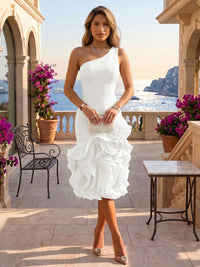 Stretch Jersey Mermaid/Trumpet One Shoulder Tea-Length Cocktail Dresses with Tiered Layers