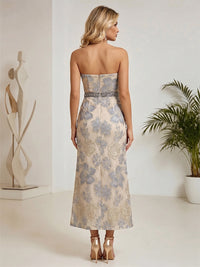 Jacquard Sheath/Column Strapless Tea-Length Cocktail Dresses with Slit