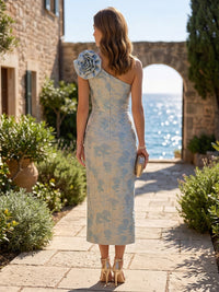 Jacquard Sheath/Column One Shoulder Tea-Length Cocktail Dresses with Ruched Waist