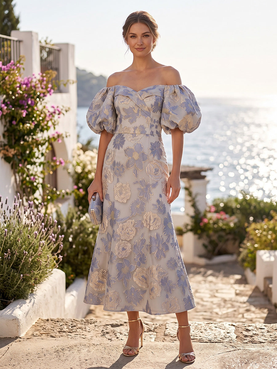 Jacquard Mermaid/Trumpet Off Shoulder Tea-Length Cocktail Dresses for Women