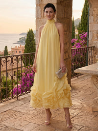 Chiffon Shift Dresses High Neck Tea-Length Cocktail Dresses with Bubble Hem