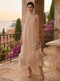 Chiffon Shift Dresses High Neck Tea-Length Cocktail Dresses with Bubble Hem