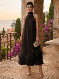 Chiffon Shift Dresses High Neck Tea-Length Cocktail Dresses with Bubble Hem