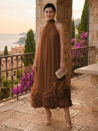 Chiffon Shift Dresses High Neck Tea-Length Cocktail Dresses with Bubble Hem