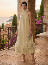 Chiffon Shift Dresses High Neck Tea-Length Cocktail Dresses with Bubble Hem