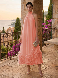 Chiffon Shift Dresses High Neck Tea-Length Cocktail Dresses with Bubble Hem