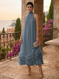 Chiffon Shift Dresses High Neck Tea-Length Cocktail Dresses with Bubble Hem