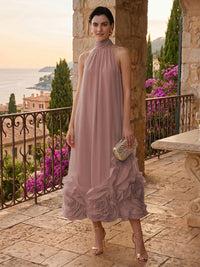 Chiffon Shift Dresses High Neck Tea-Length Cocktail Dresses with Bubble Hem