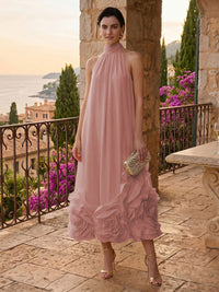 Chiffon Shift Dresses High Neck Tea-Length Cocktail Dresses with Bubble Hem