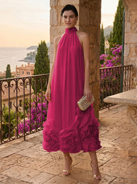Chiffon Shift Dresses High Neck Tea-Length Cocktail Dresses with Bubble Hem