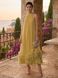 Chiffon Shift Dresses High Neck Tea-Length Cocktail Dresses with Bubble Hem