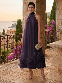 Chiffon Shift Dresses High Neck Tea-Length Cocktail Dresses with Bubble Hem