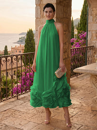 Chiffon Shift Dresses High Neck Tea-Length Cocktail Dresses with Bubble Hem