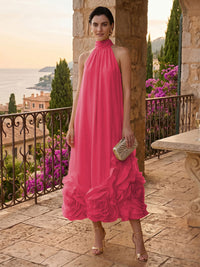 Chiffon Shift Dresses High Neck Tea-Length Cocktail Dresses with Bubble Hem