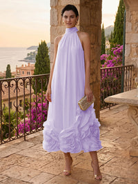 Chiffon Shift Dresses High Neck Tea-Length Cocktail Dresses with Bubble Hem