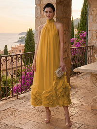 Chiffon Shift Dresses High Neck Tea-Length Cocktail Dresses with Bubble Hem