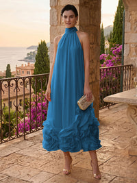 Chiffon Shift Dresses High Neck Tea-Length Cocktail Dresses with Bubble Hem