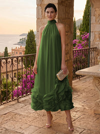 Chiffon Shift Dresses High Neck Tea-Length Cocktail Dresses with Bubble Hem