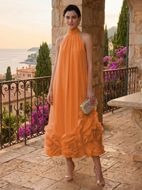 Chiffon Shift Dresses High Neck Tea-Length Cocktail Dresses with Bubble Hem