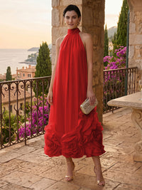 Chiffon Shift Dresses High Neck Tea-Length Cocktail Dresses with Bubble Hem