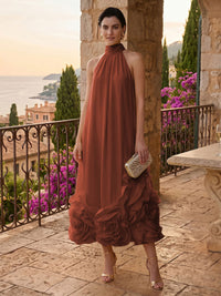 Chiffon Shift Dresses High Neck Tea-Length Cocktail Dresses with Bubble Hem