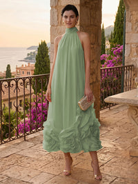 Chiffon Shift Dresses High Neck Tea-Length Cocktail Dresses with Bubble Hem