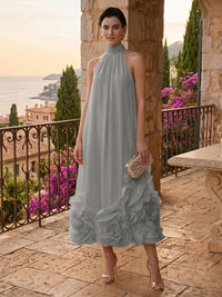 Chiffon Shift Dresses High Neck Tea-Length Cocktail Dresses with Bubble Hem