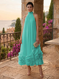 Chiffon Shift Dresses High Neck Tea-Length Cocktail Dresses with Bubble Hem